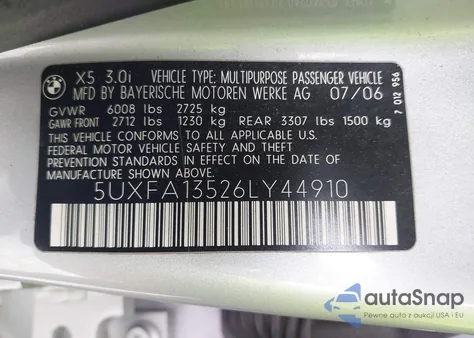 2006 BMW X5 3.0I from USA, damaged, VIN 5UXFA13526LY44910